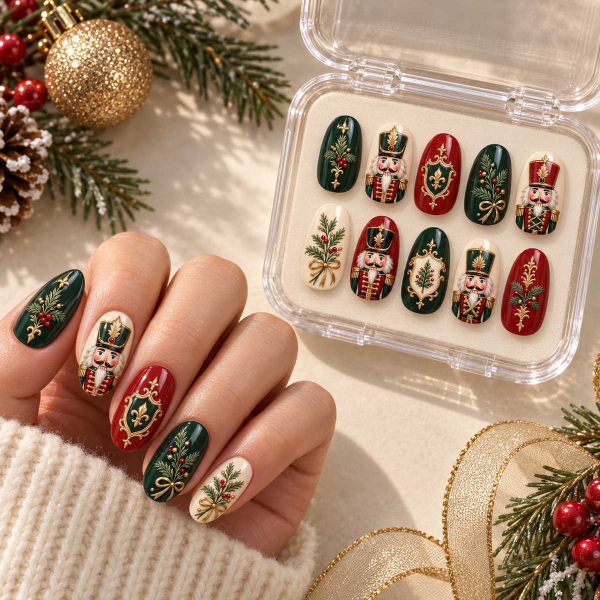 Evergreen Nutcracker Nails With Gold Borders
