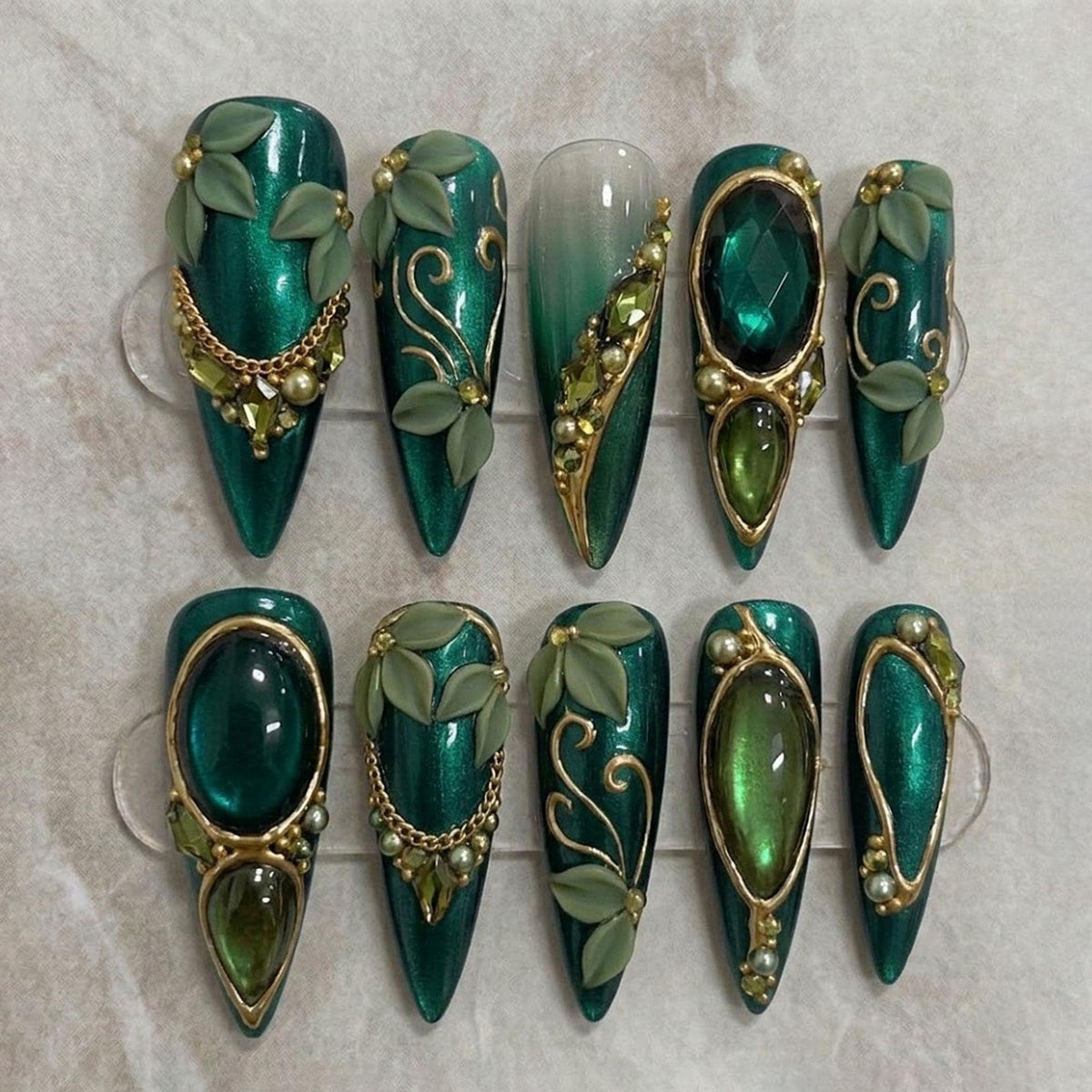 Fairy Forest Emerald Green Jeweled Nails With 3D Leaves and Gold-Tone Details