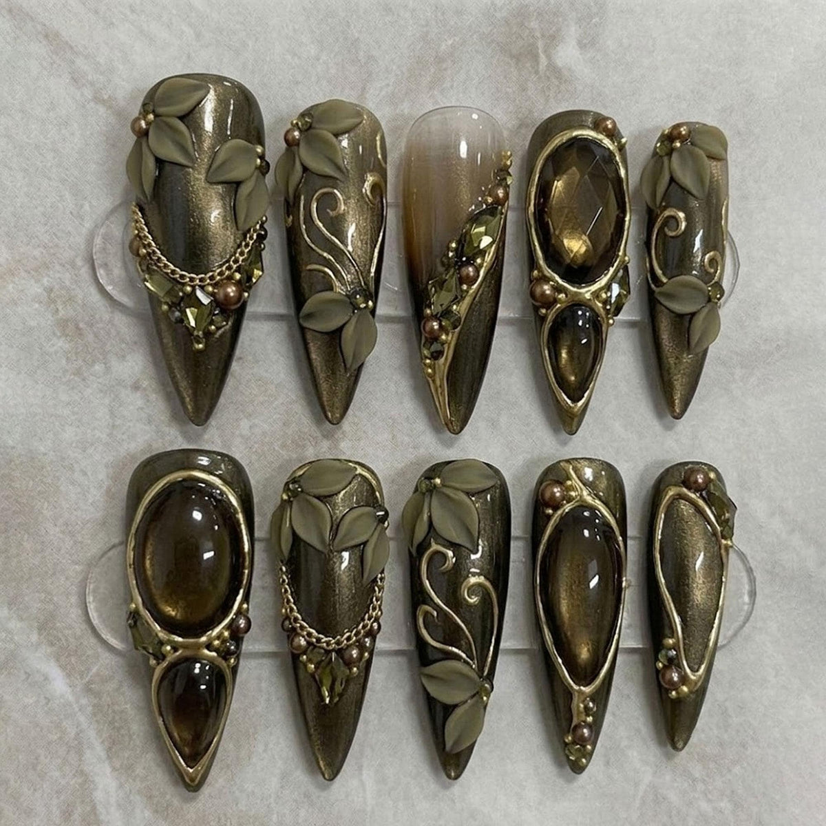 Fairy Forest Emerald Green Jeweled Nails With 3D Leaves and Gold-Tone Details