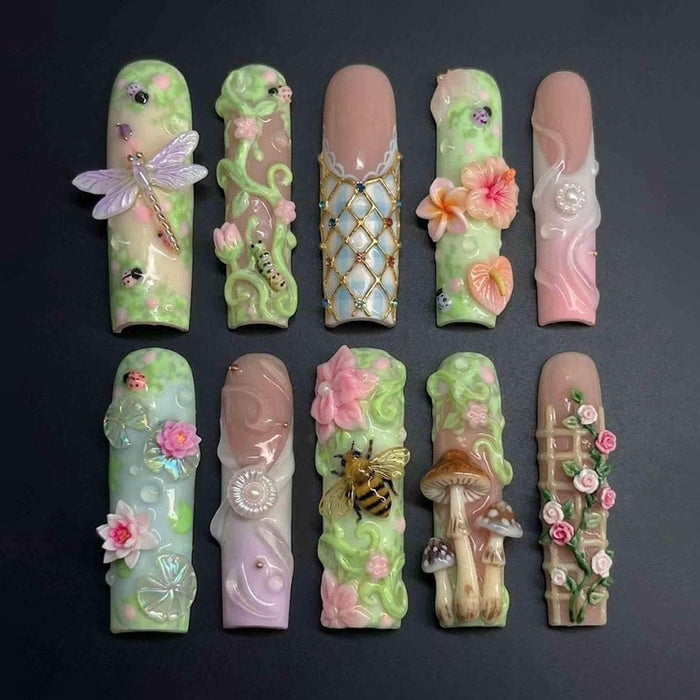 Fairy Garden Press-On Nails with 3D Flowers, Mushrooms, Bee and Dragonfly