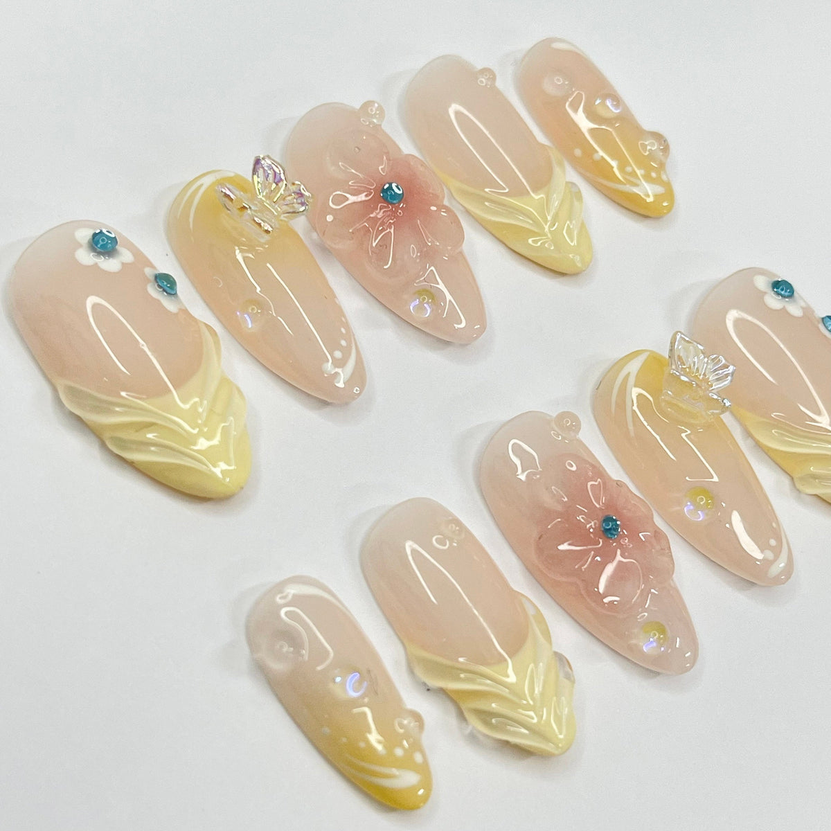 Fairy Garden Press On Nails with 3D Pink Flowers, Butterflies and Gems