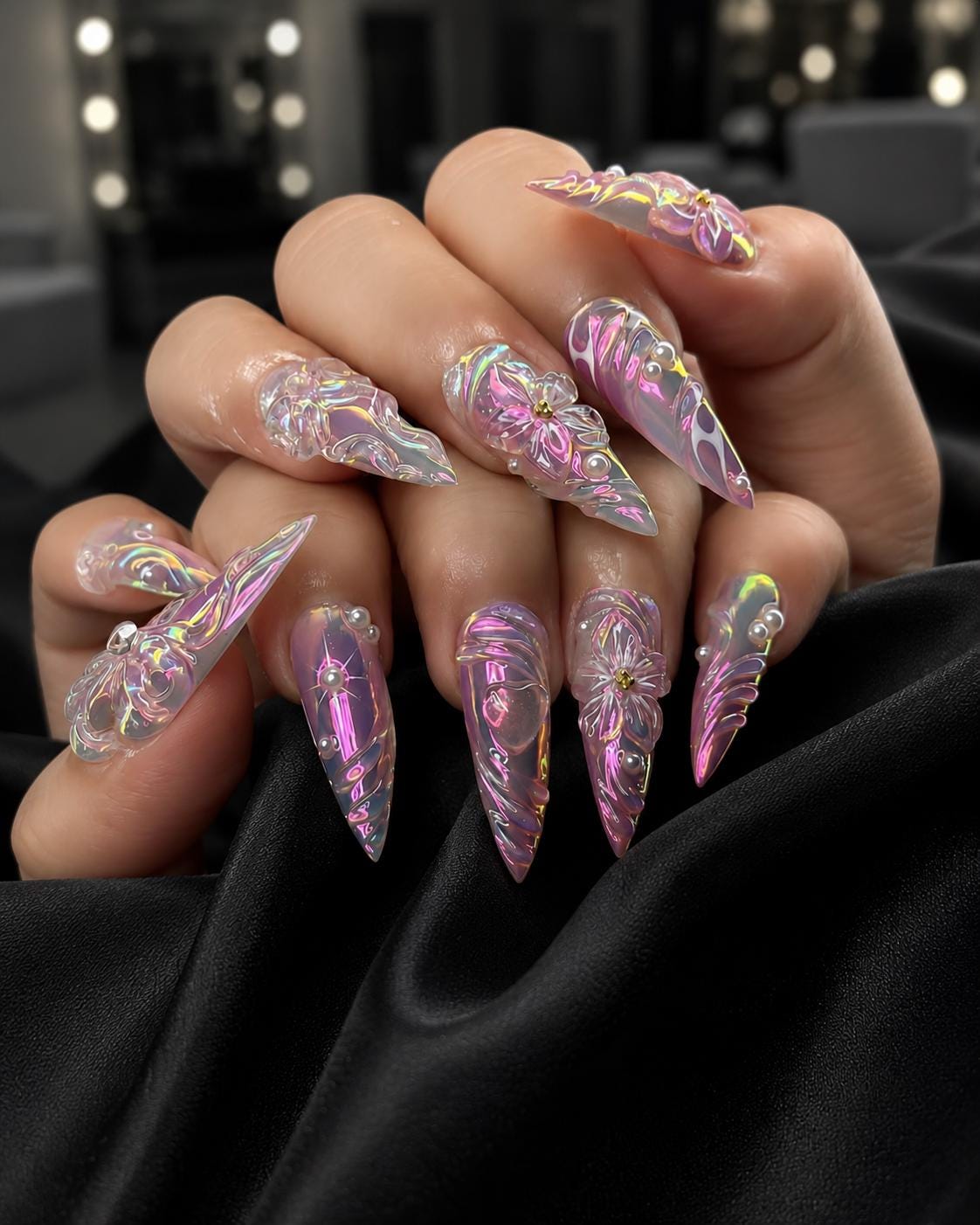 Fairy Mermaid Pink-Lilac Iridescent 3D Floral Glass Effect Nail Set