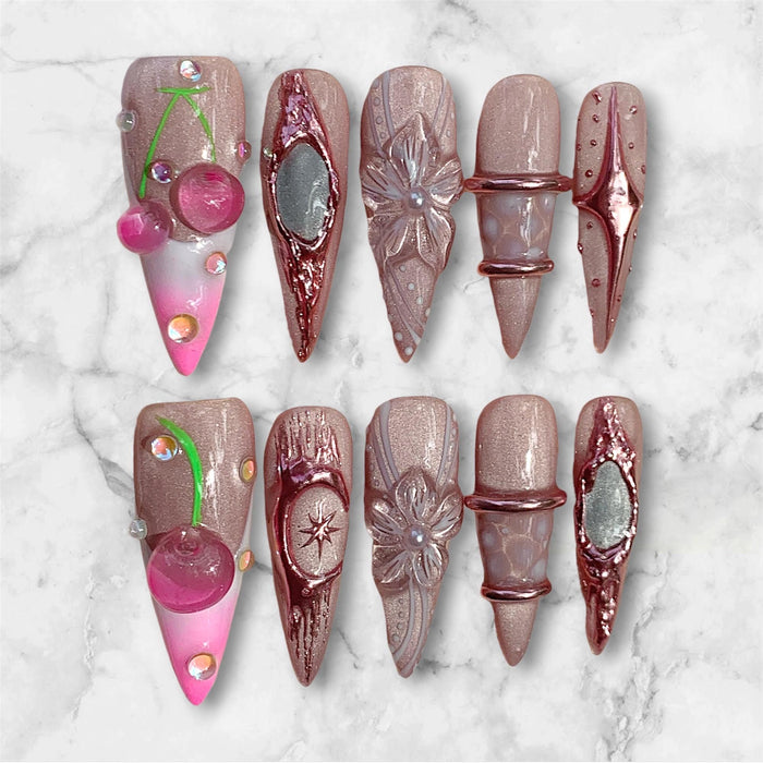 Fairycore Cherry Motif Pink and Mauve Press On Nails With Sculpted Flowers and Metallic Accents