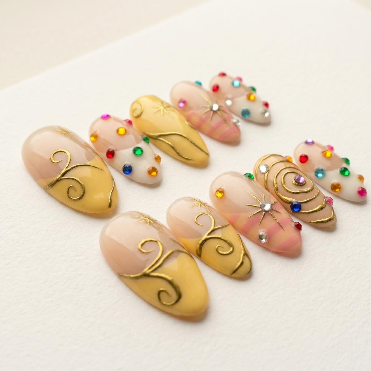 Fairycore Nude Pink and Gold Celestial Swirl Press-On Nails with Rhinestones