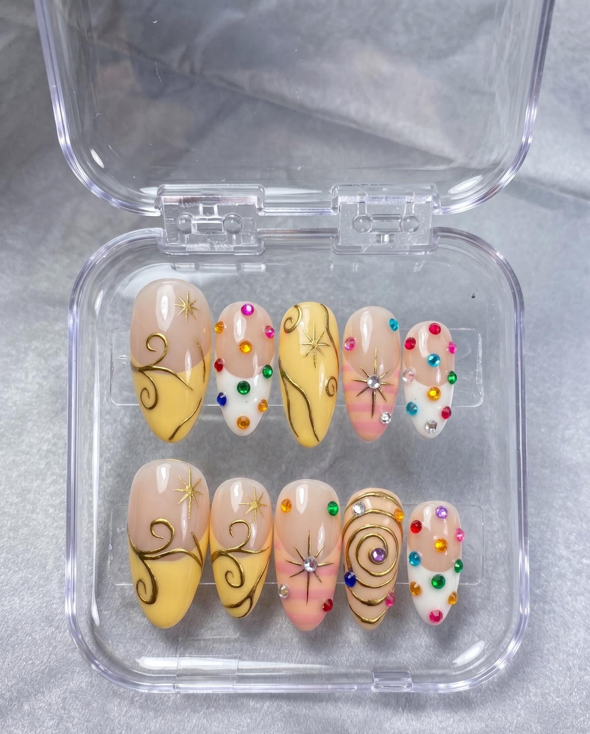 Fairycore Nude Pink and Gold Celestial Swirl Press-On Nails with Rhinestones