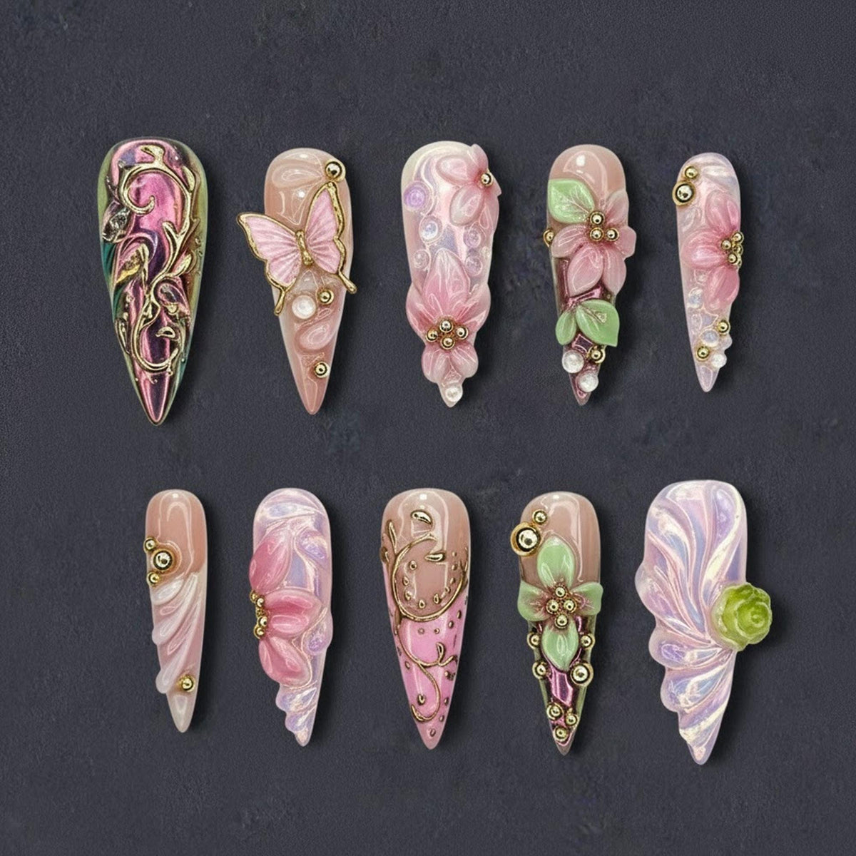 Fairycore Nude Pink Floral Press-On Nails with Iridescent Swirls, Gold Scrollwork and 3D Flowers