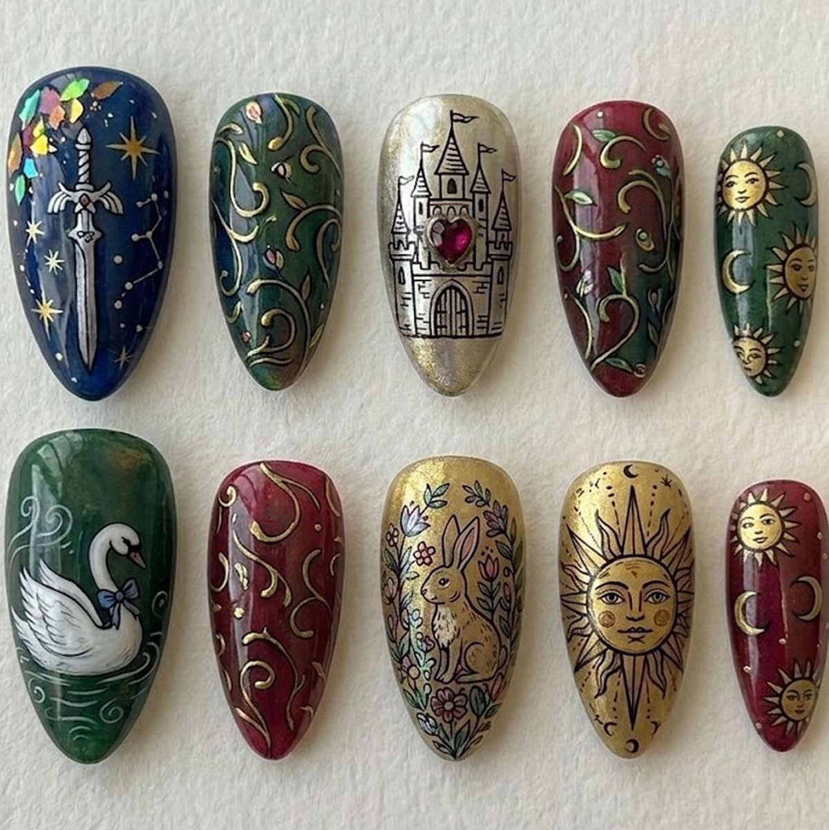 Fairytale Castle and Celestial Sun Moon Nail Set with Swan and Floral Details