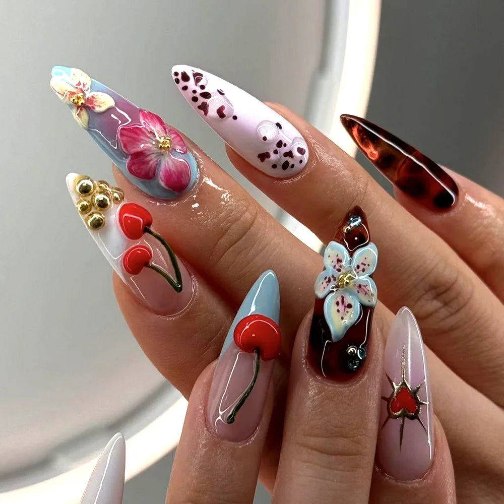 Fall 3D Cherry and Floral Nail Set with Gold Studs