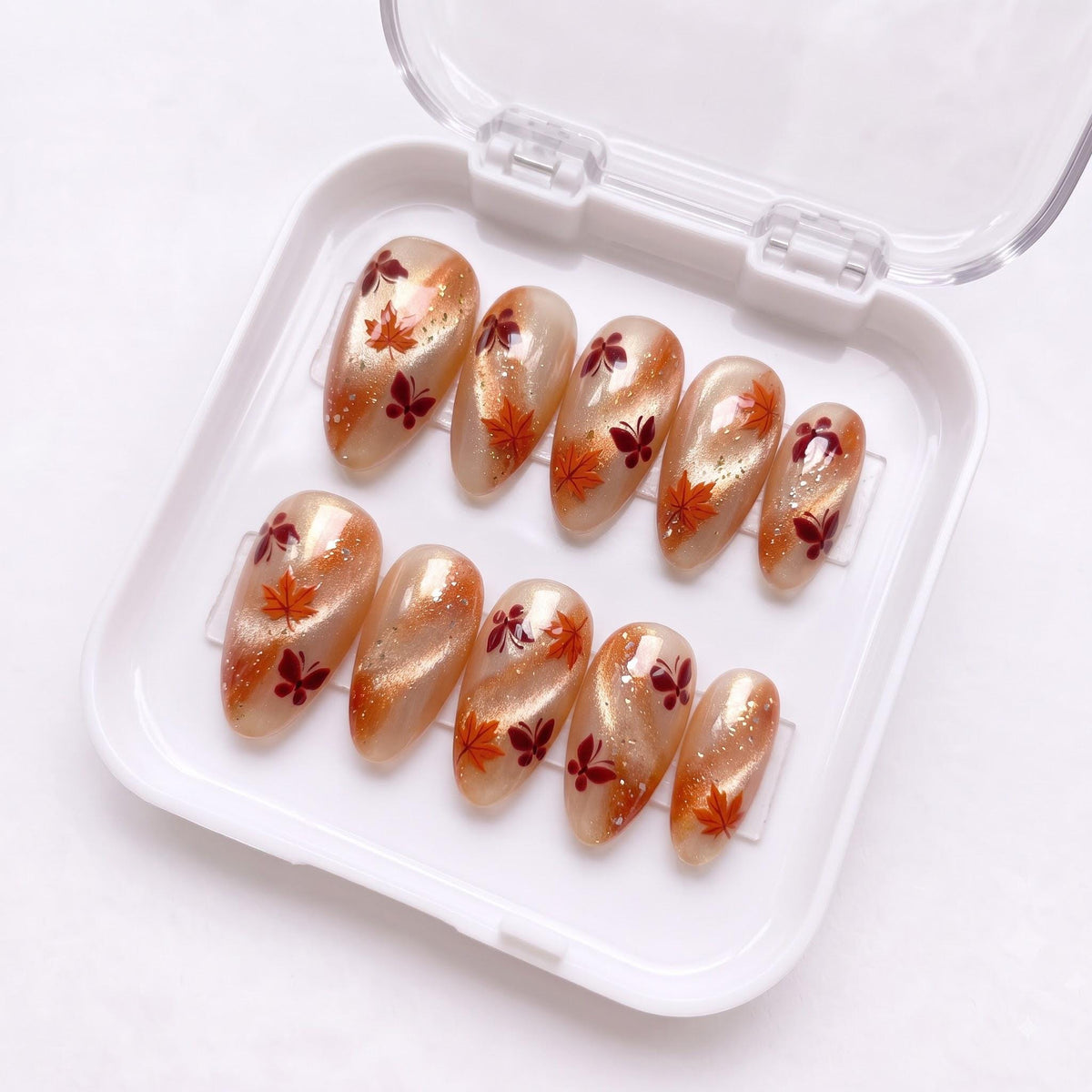 Fall Amber Glitter Maple Leaf and Burgundy Butterfly Press On Nails