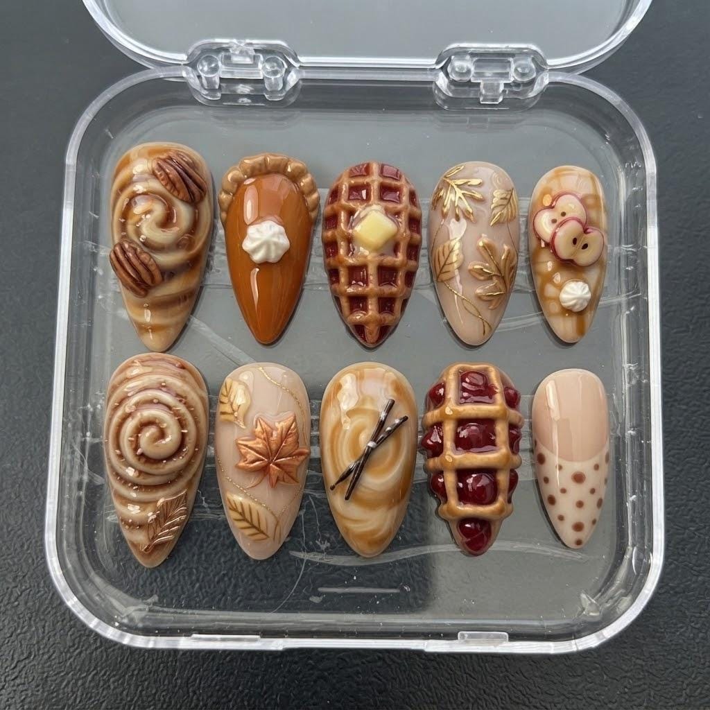 Fall Bakery Press On Nails With 3D Cinnamon Rolls, Waffles and Maple Leaf Details