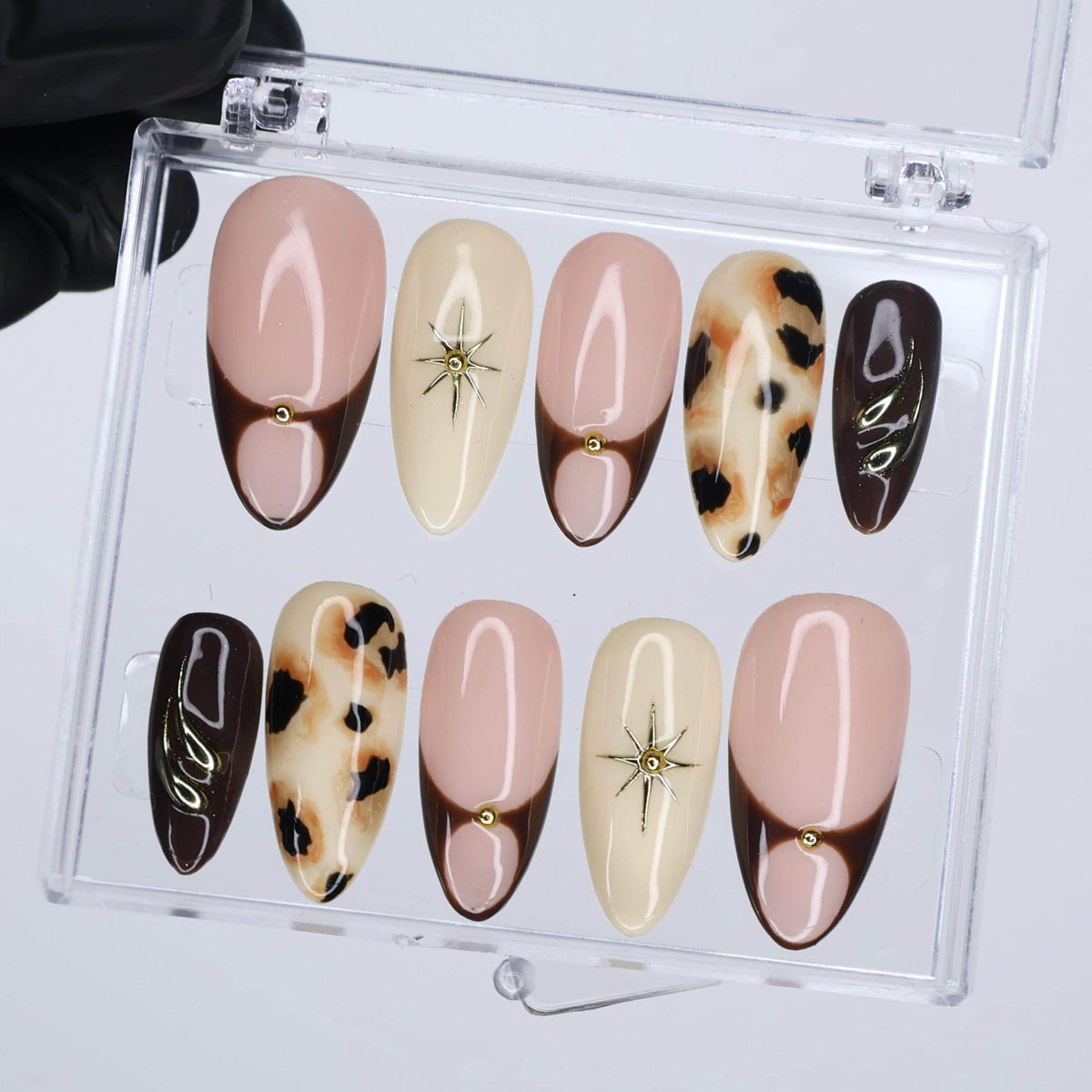 Fall Blush Pink and Brown Cow Print French Tip Nail Set with Gold Starbursts