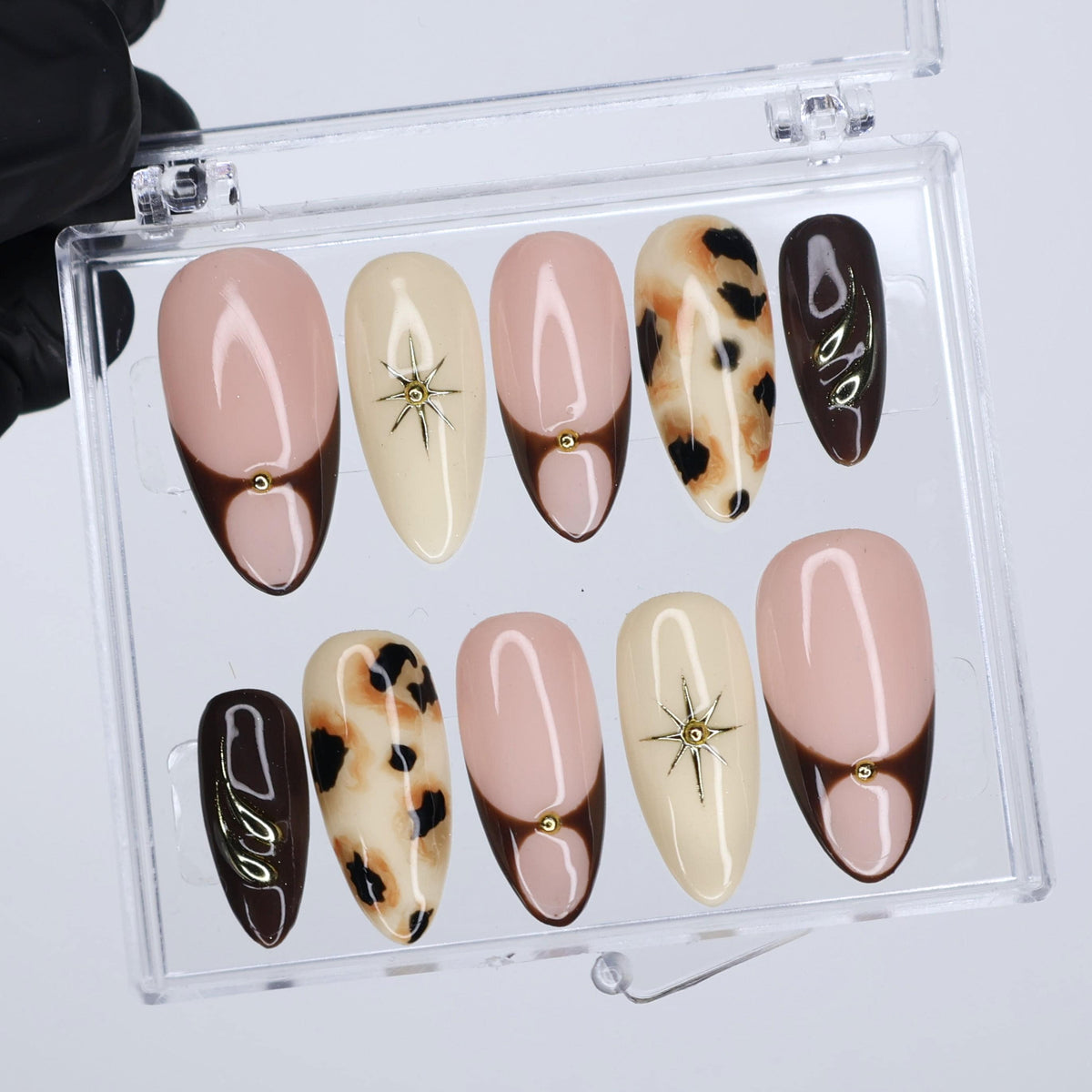 Fall Blush Pink and Brown Cow Print French Tip Nail Set with Gold Starbursts