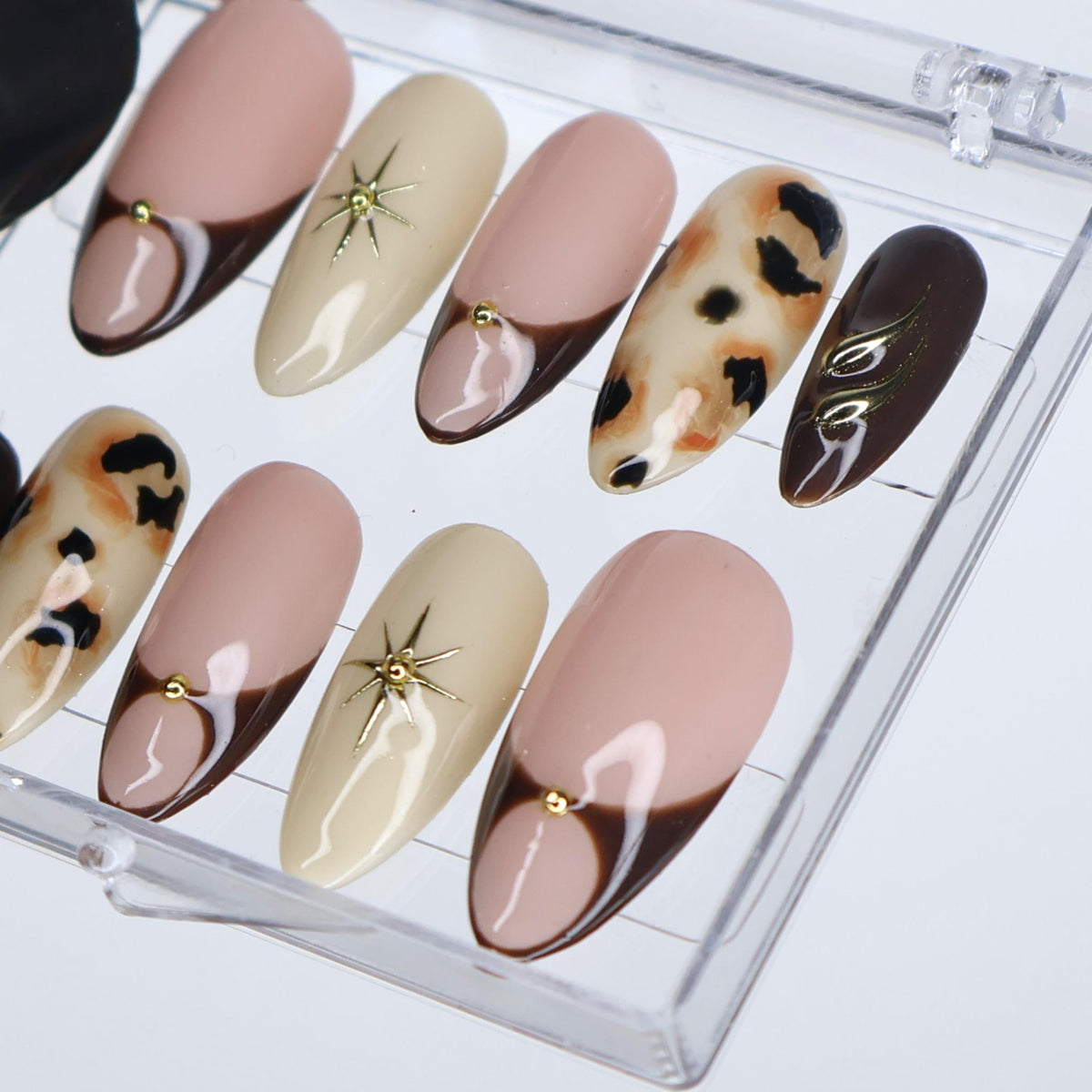 Fall Blush Pink and Brown Cow Print French Tip Nail Set with Gold Starbursts