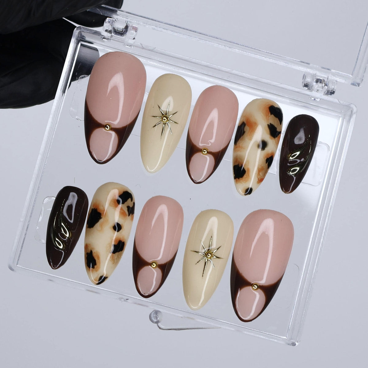 Fall Blush Pink and Brown Cow Print French Tip Nail Set with Gold Starbursts