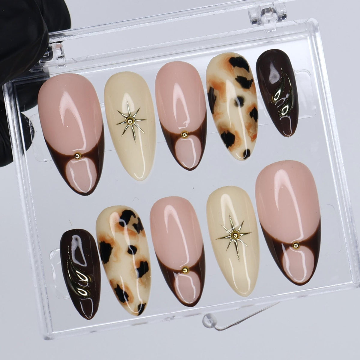 Fall Blush Pink and Brown Cow Print French Tip Nail Set with Gold Starbursts