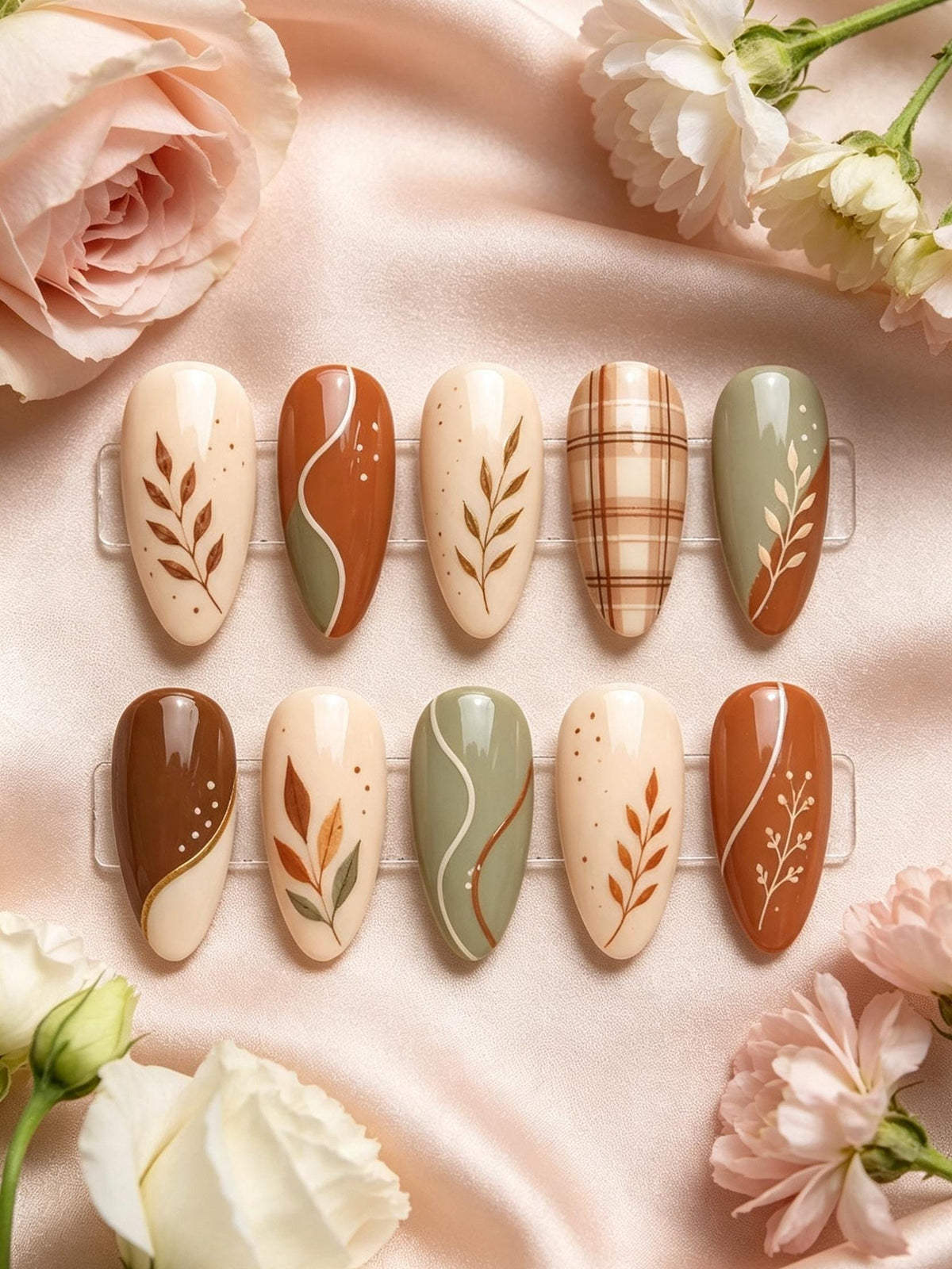 Fall Botanical Plaid Press On Nails in Sage Green, Terracotta, and Ivory for Thanksgiving