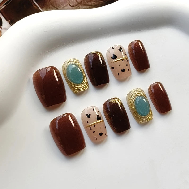 Fall Brown and Amber Leopard Spot Press On Nails with Teal Gemstone and Gold Details