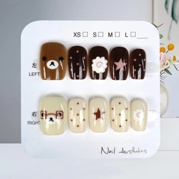 Fall Brown and Ivory Bear Polka Dot Floral Press-On Nails