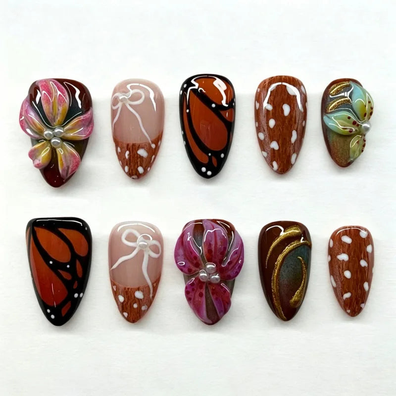 Fall Brown Butterfly Wing Press On Nails With White Polka Dots and 3D Flowers
