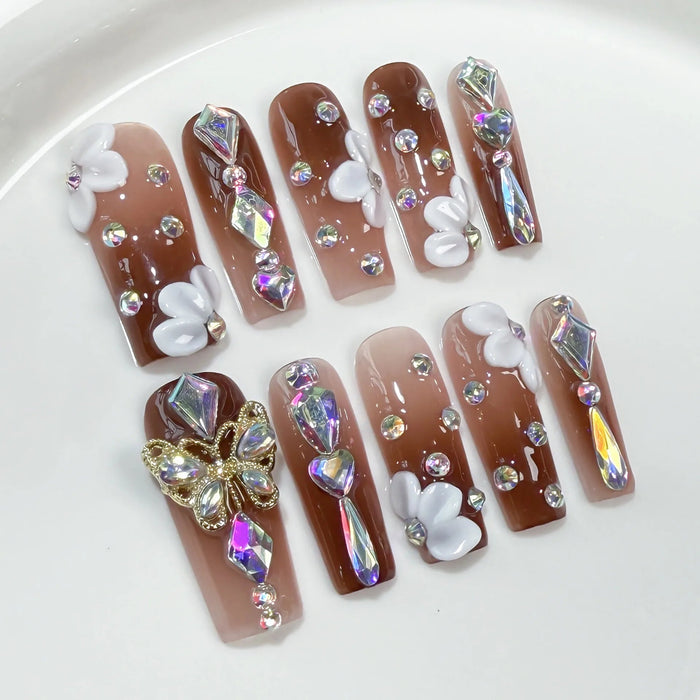 Fall Brown Ombre Press-On Nails with 3D White Flowers and Iridescent Rhinestones