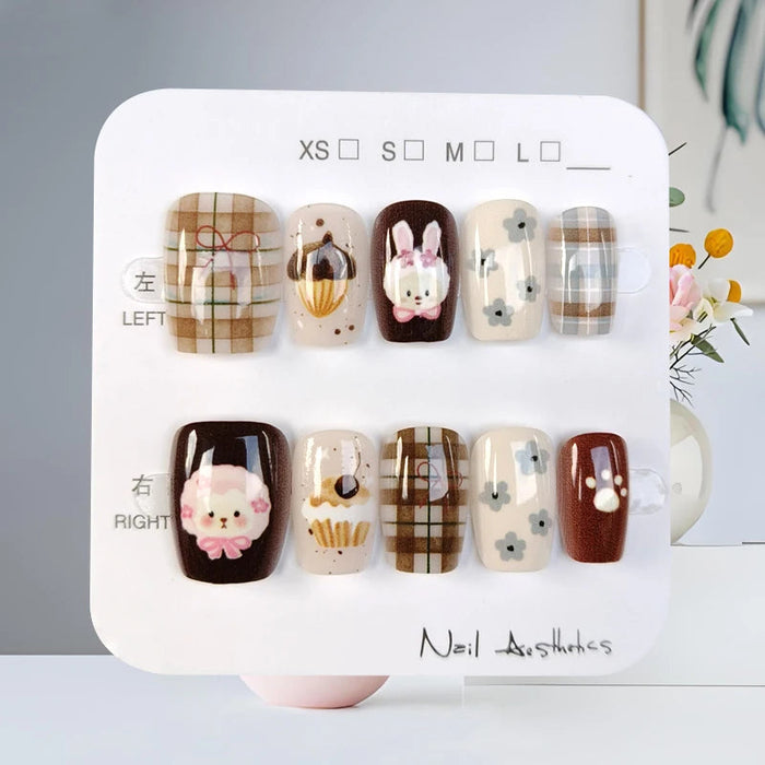 Fall Brown Plaid Bunny and Floral Press-On Nail Set