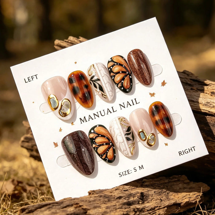 Fall Brown Tortoiseshell Butterfly Press On Nails With Marble and Gold Accents