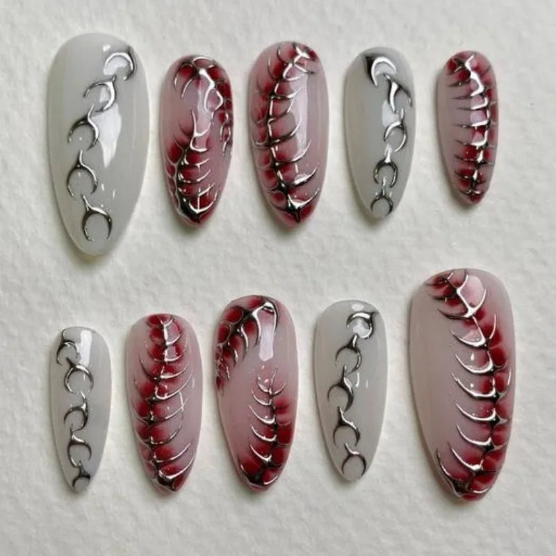 Fall Burgundy and Gray Nails with Raised Silver Swirl Details