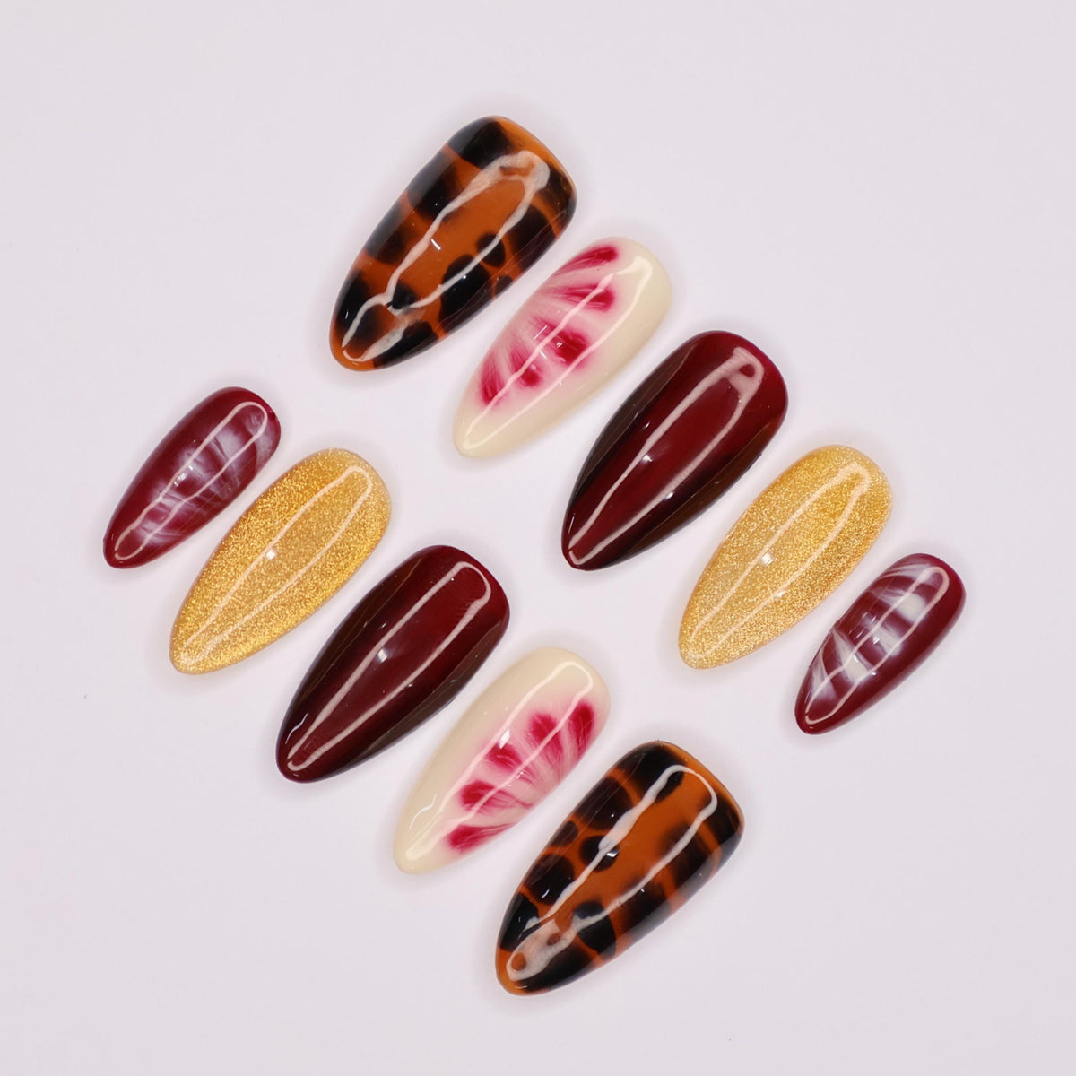 Fall Burgundy, Gold Glitter, Marble and Tortoiseshell Press-On Nails