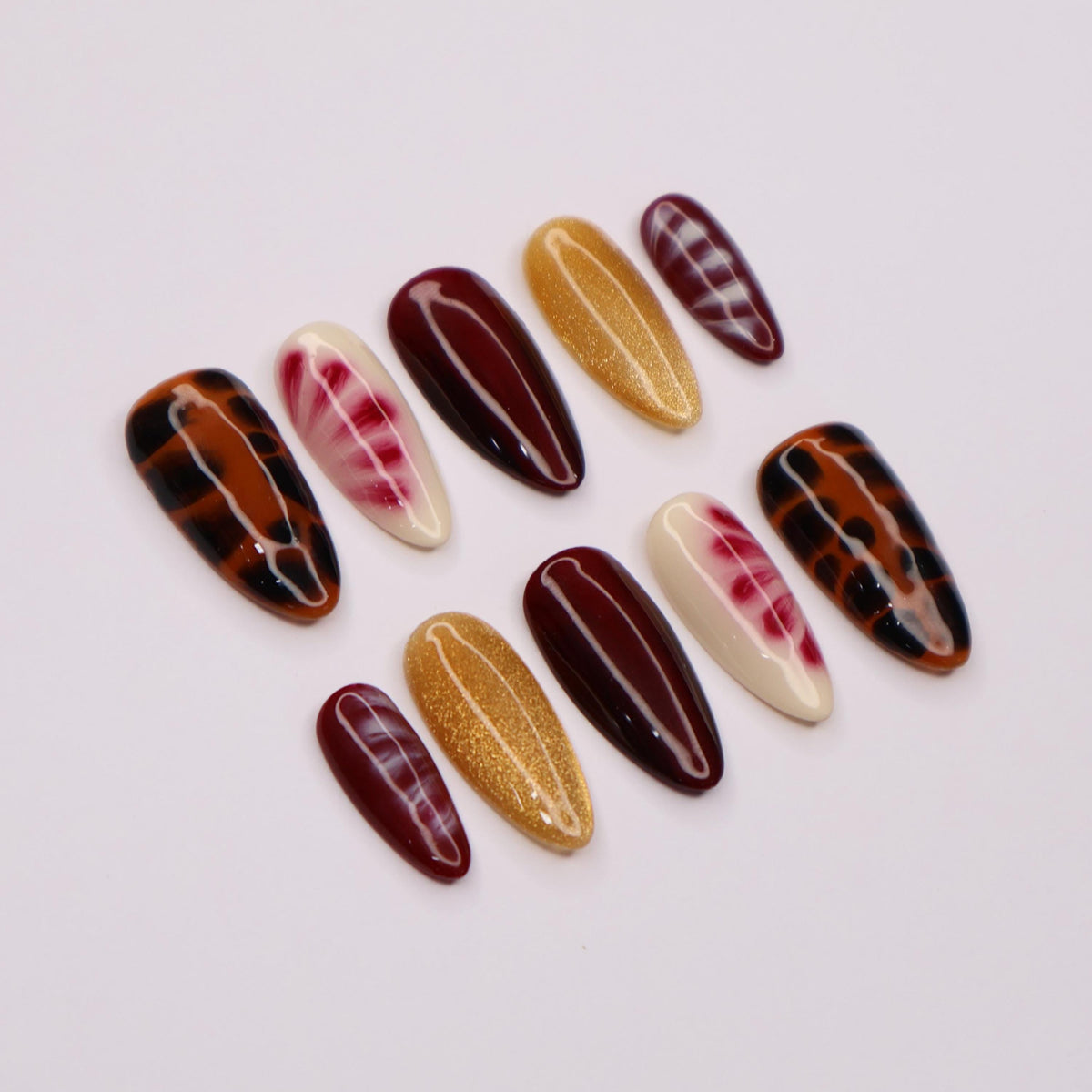 Fall Burgundy, Gold Glitter, Marble and Tortoiseshell Press-On Nails