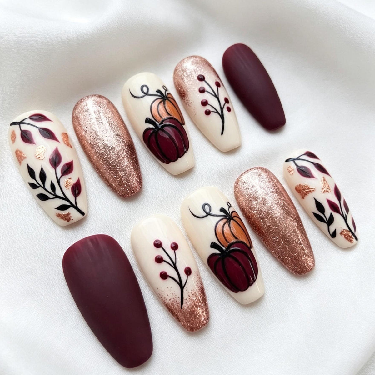 Fall Burgundy Pumpkin and Botanical Nails With Rose Gold Glitter