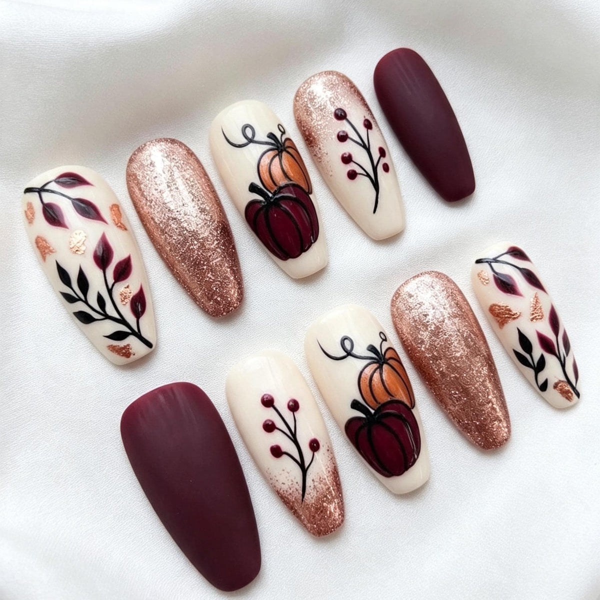Fall Burgundy Pumpkin and Botanical Nails With Rose Gold Glitter