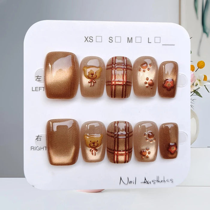 Fall Caramel Brown Cat-Eye Press On Nails With Bear, Plaid, Paw Prints and Red Flowers