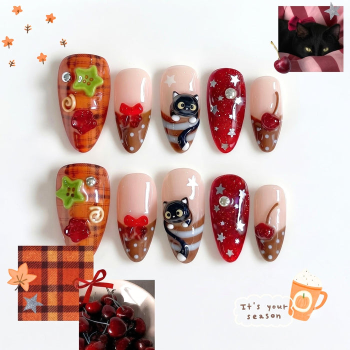 Fall Cat and Cherry Press On Nails with Plaid, Bows, and Rhinestone Accents