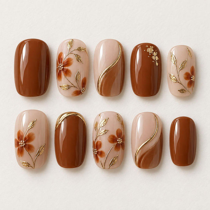 Fall Chestnut Brown and Nude Floral Press On Nails with Gold Leaf Details
