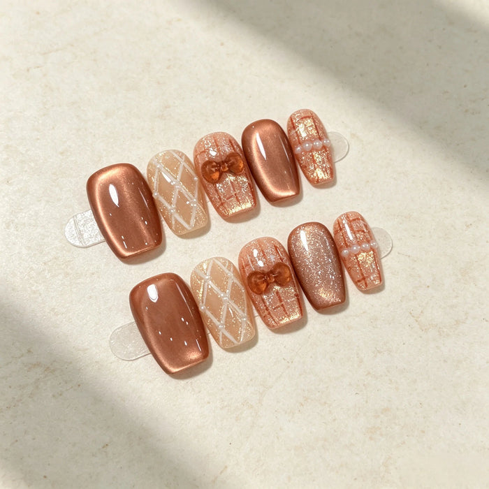 Fall Coffee Brown Cat Eye and Champagne Glitter Bow Press On Nail Set