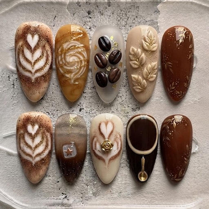 Fall Coffee Latte Press On Nails With Coffee Beans, Latte Art Hearts and Botanical Motifs