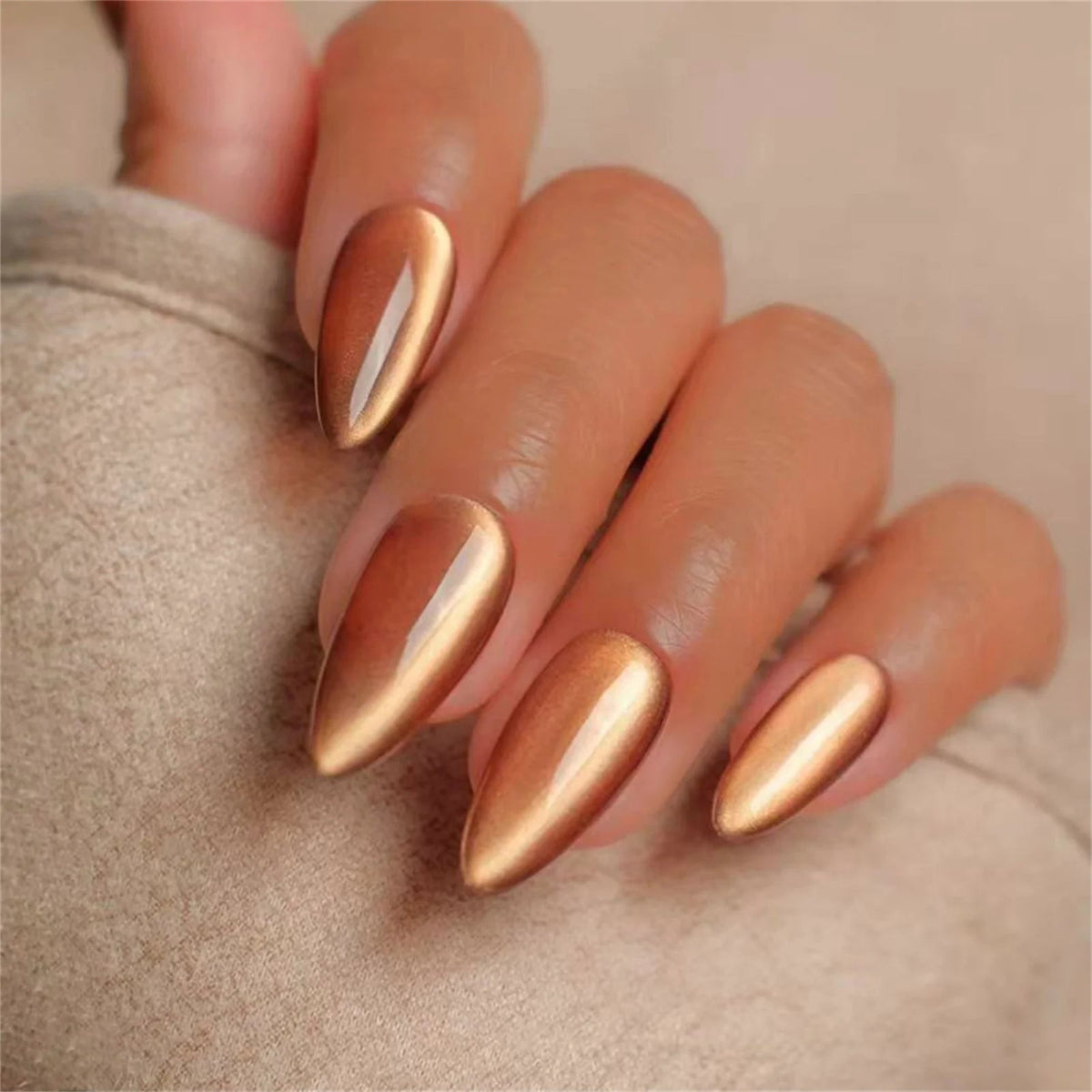 Fall Copper Bronze Cat Eye Chrome Press On Nails
