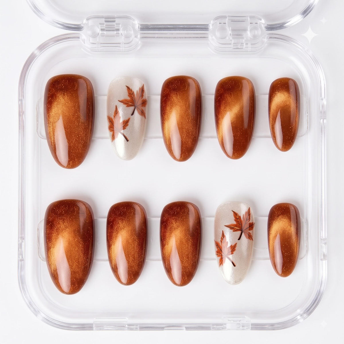 Fall Copper Cat-Eye Press-On Nails With Ivory Maple Leaf Accents
