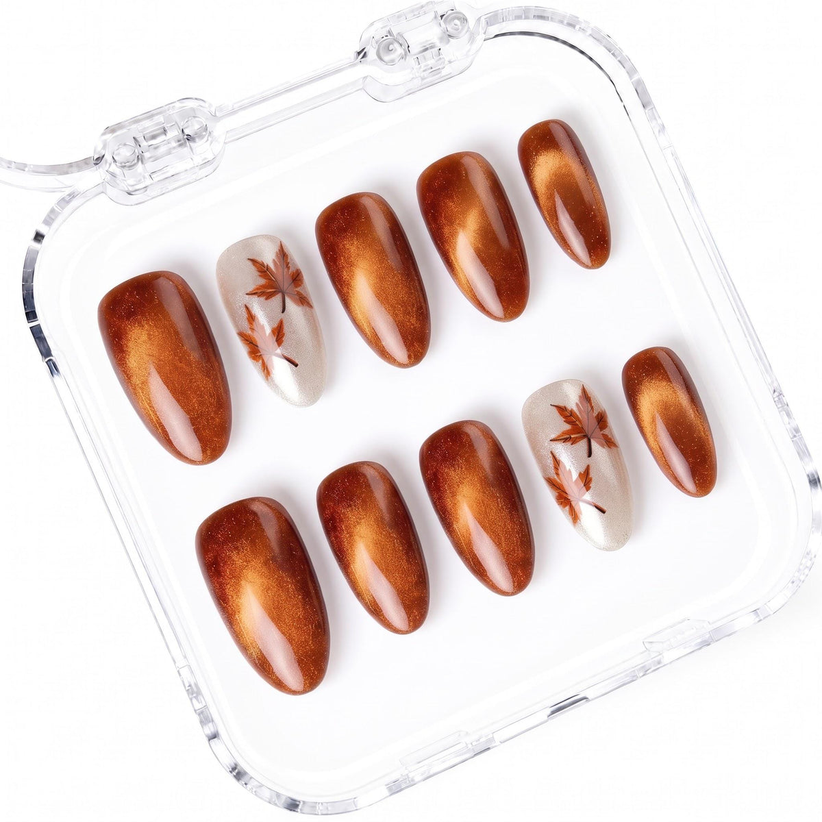 Fall Copper Cat-Eye Press-On Nails With Ivory Maple Leaf Accents