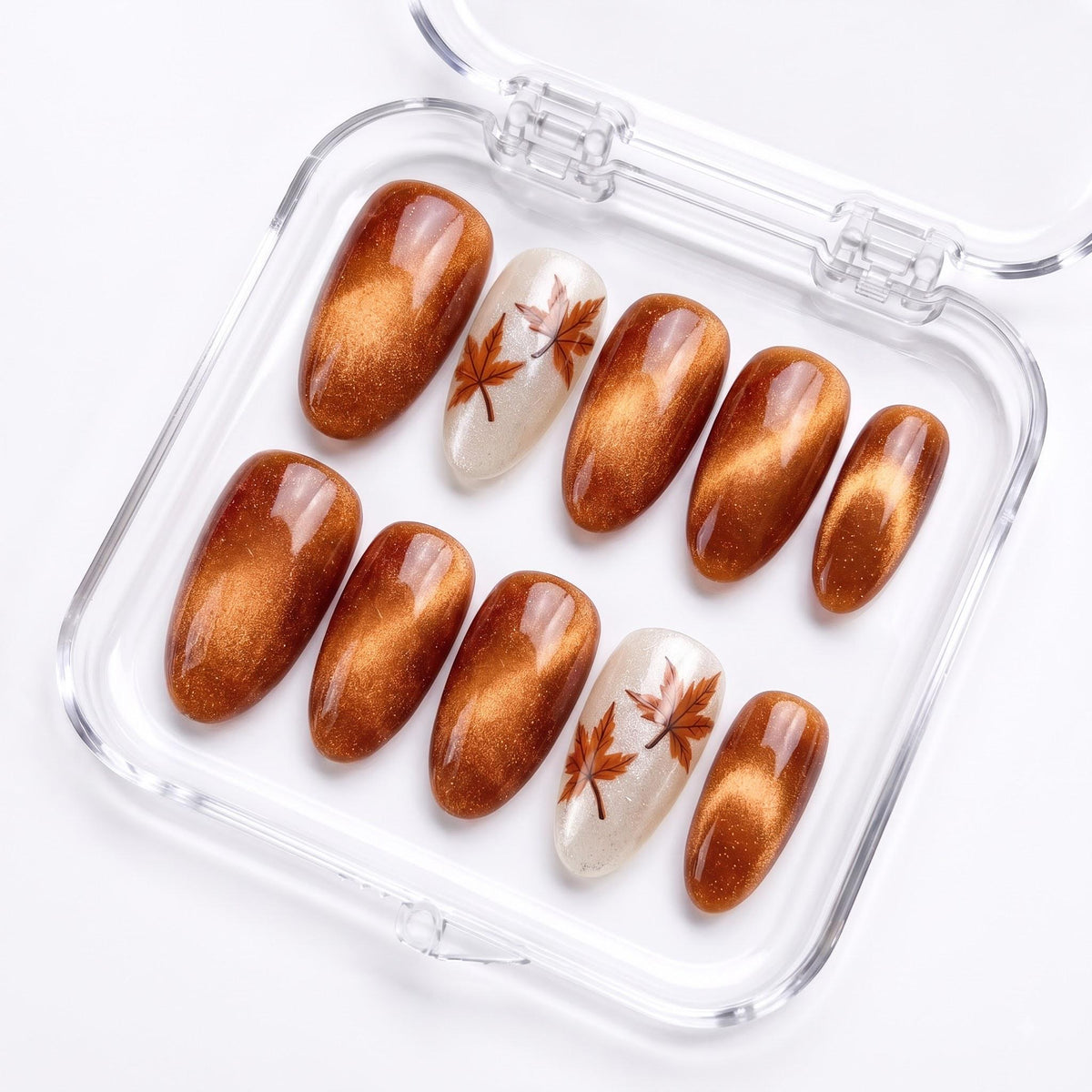 Fall Copper Cat-Eye Press-On Nails With Ivory Maple Leaf Accents
