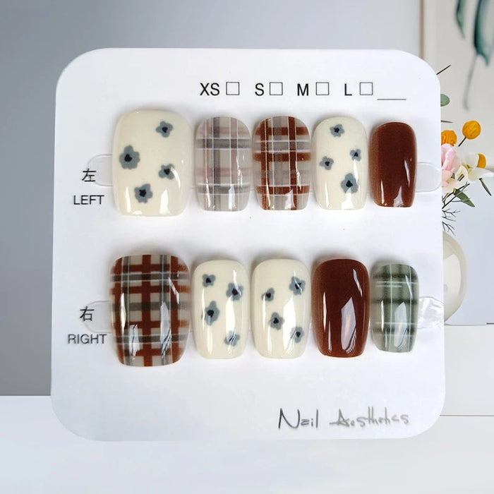 Fall Cream, Brown & Green Plaid Floral Press On Nails