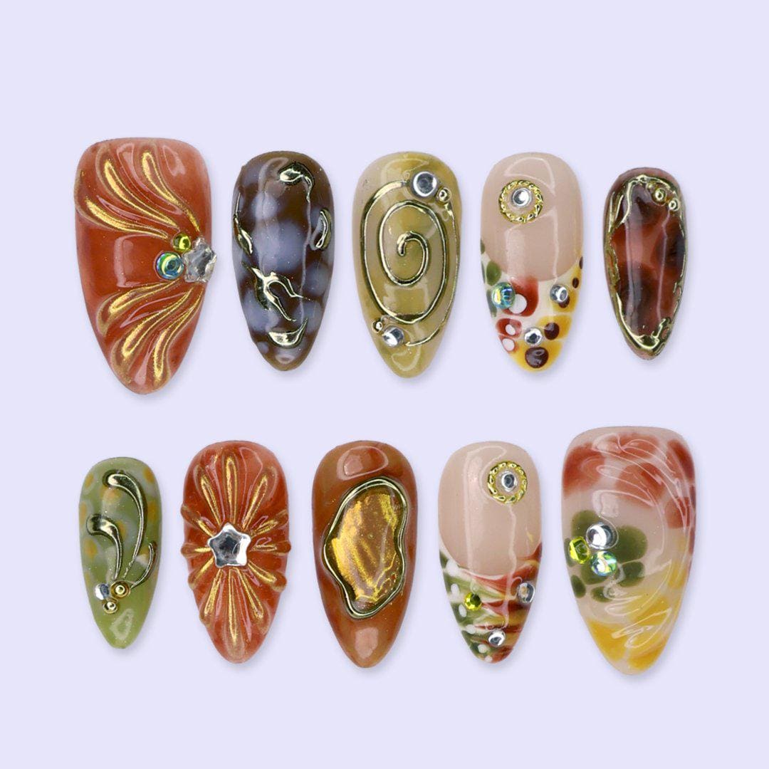 Fall Earth-Tone Abstract Marble Press-On Nails With Gold Swirls and Floral Gems