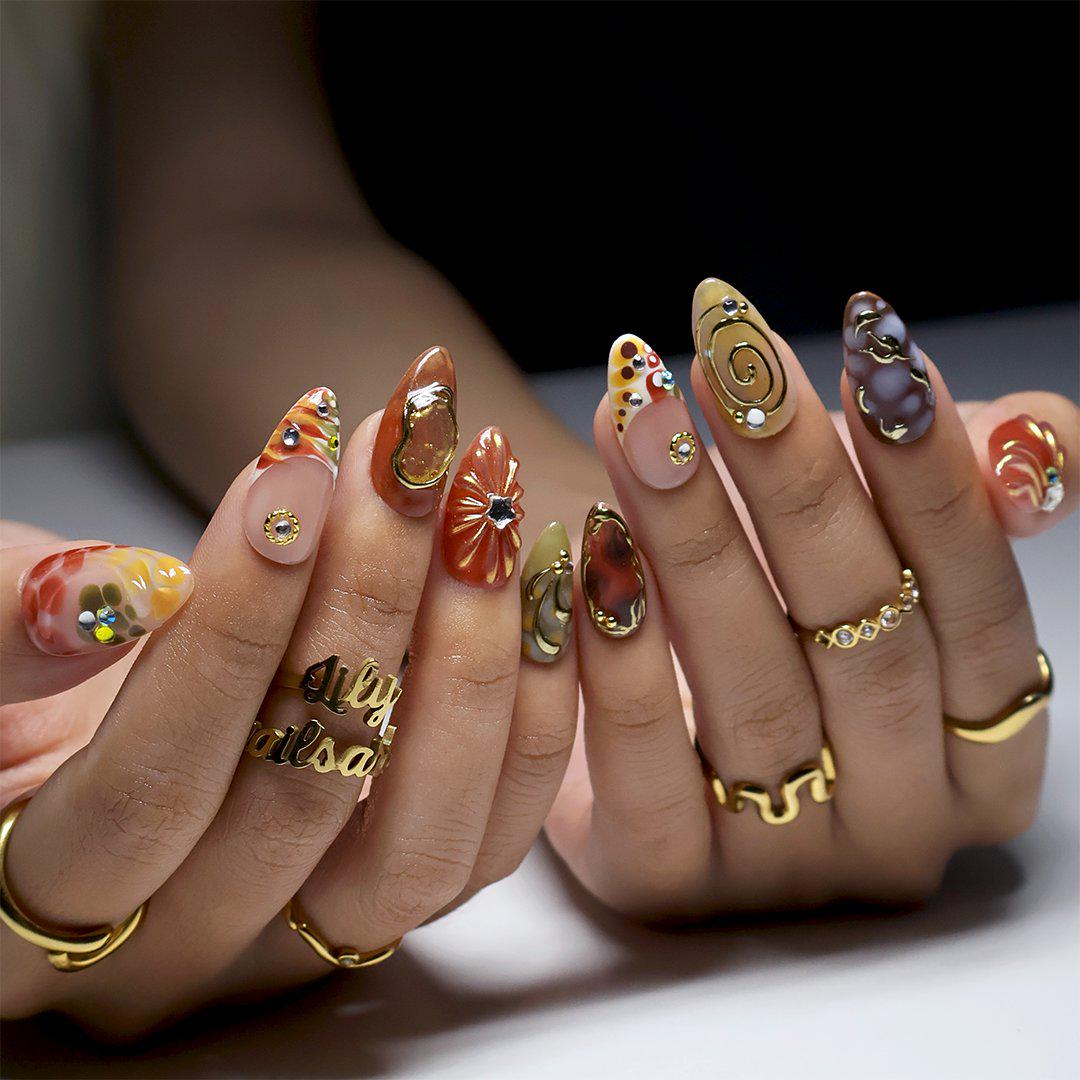 Fall Earth-Tone Abstract Marble Press-On Nails With Gold Swirls and Floral Gems