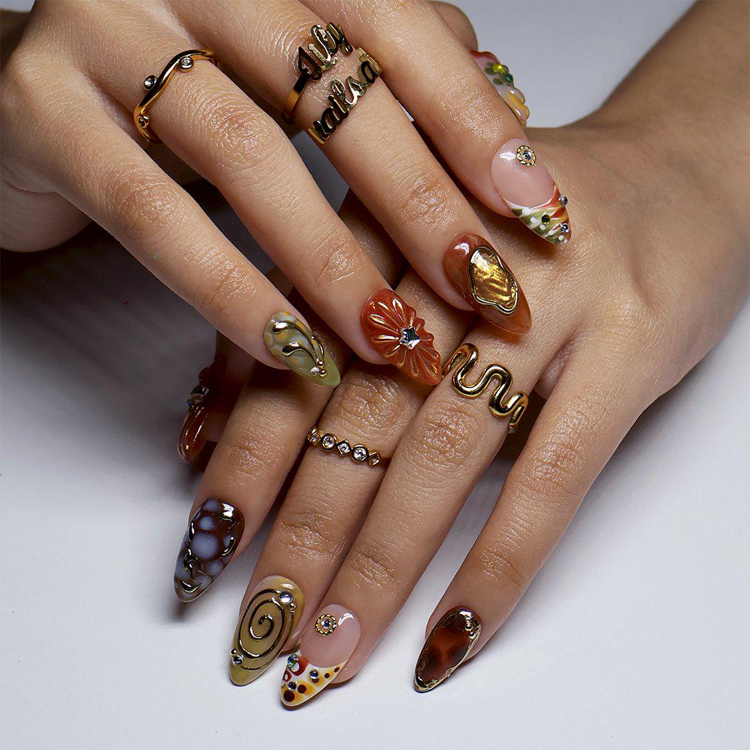 Fall Earth-Tone Abstract Marble Press-On Nails With Gold Swirls and Floral Gems