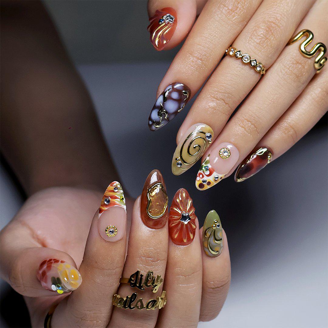 Fall Earth-Tone Abstract Marble Press-On Nails With Gold Swirls and Floral Gems
