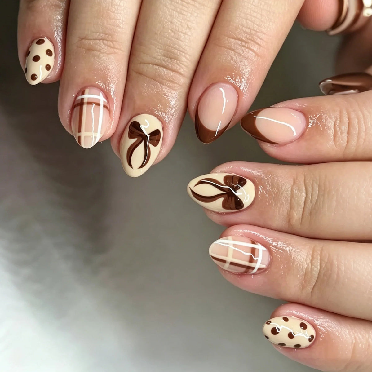 Fall Glossy Nude and Cream Nails with Brown Plaid, Polka Dots and Bow-Like Art
