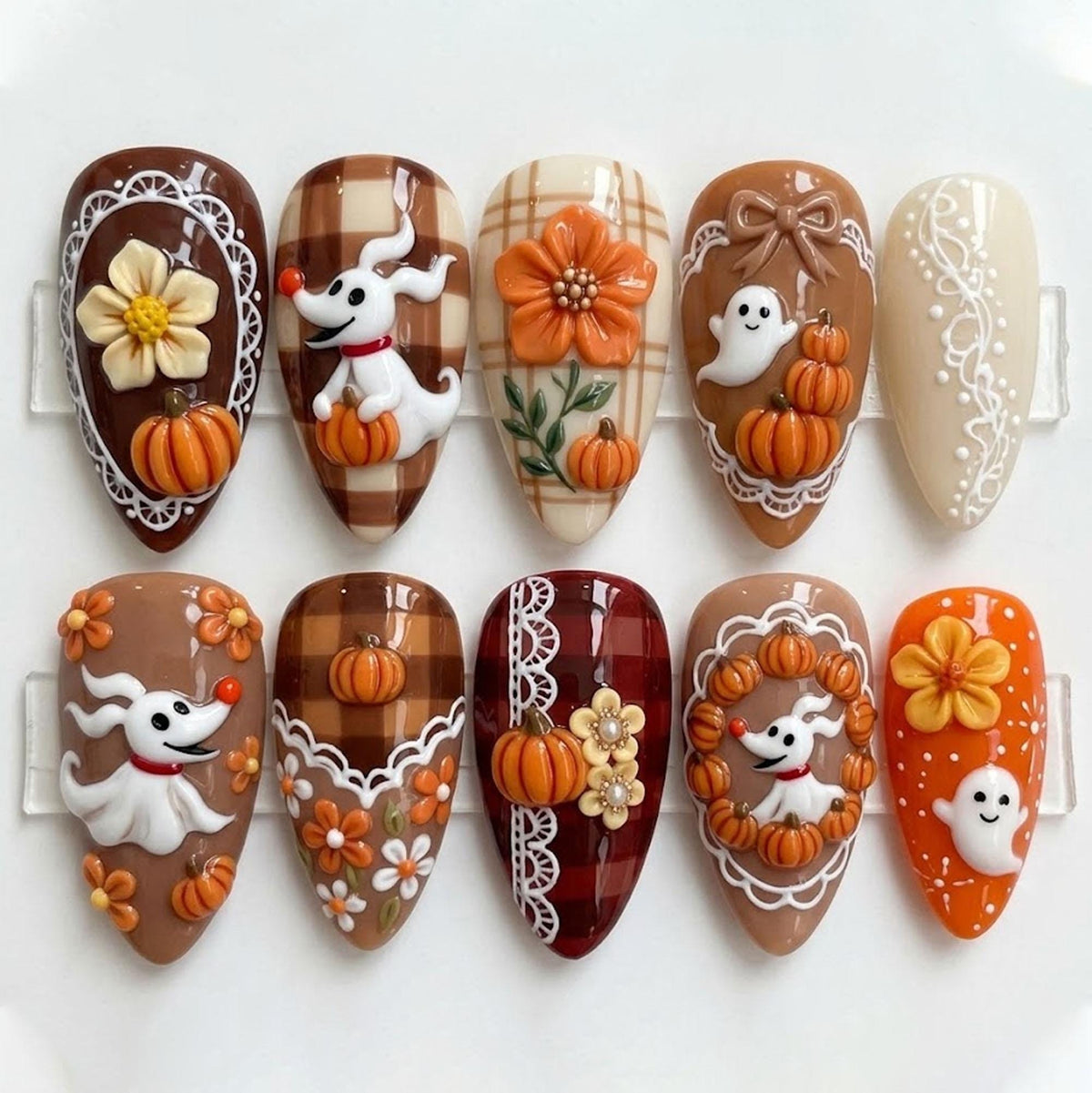 Fall Halloween Press On Nails With Pumpkins, Ghosts, Plaid, and 3D Flowers