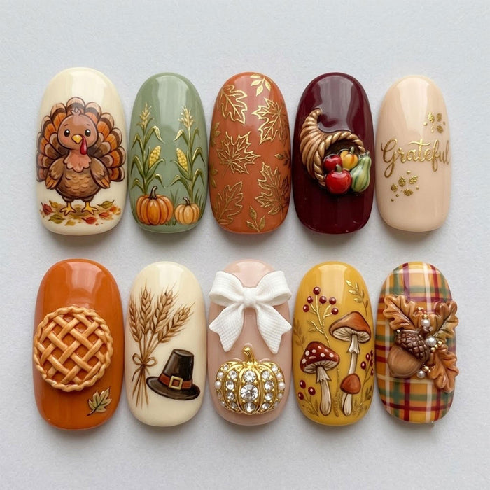 Fall Harvest Press-On Nails With Turkey, Plaid, Pumpkins, Mushrooms, and 3D Pie Details
