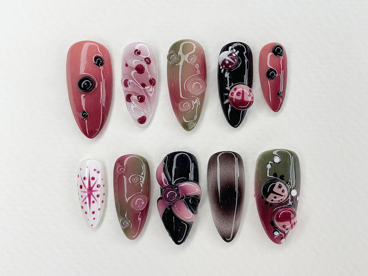 Fall Insect Garden Press-On Nail Set With Pink Ladybugs and Flower Accents