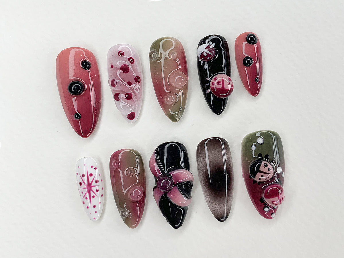 Fall Insect Garden Press-On Nail Set With Pink Ladybugs and Flower Accents